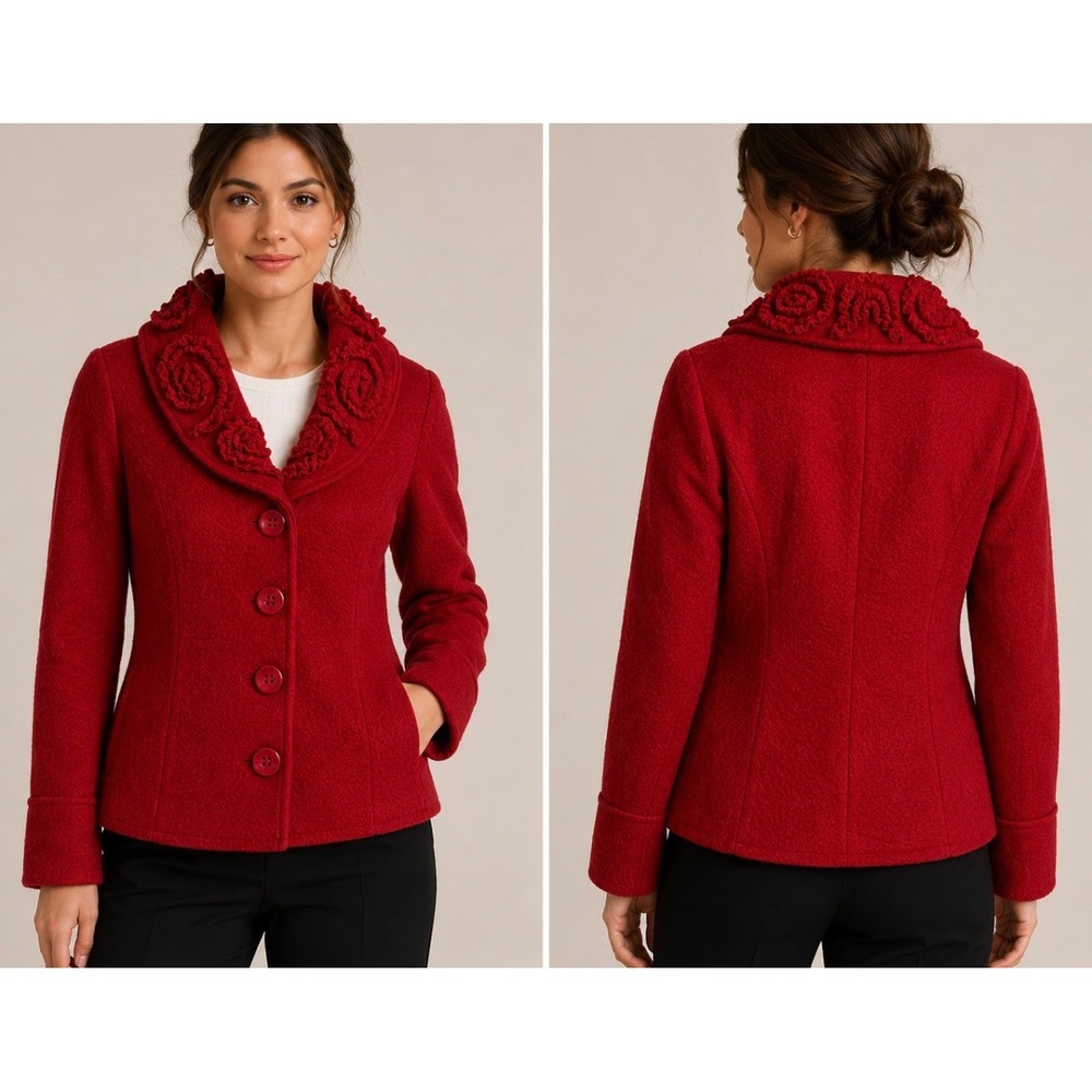 Marisa Christina Red Boiled Wool Floral Rosette Shawl Collar Jacket XL NWT